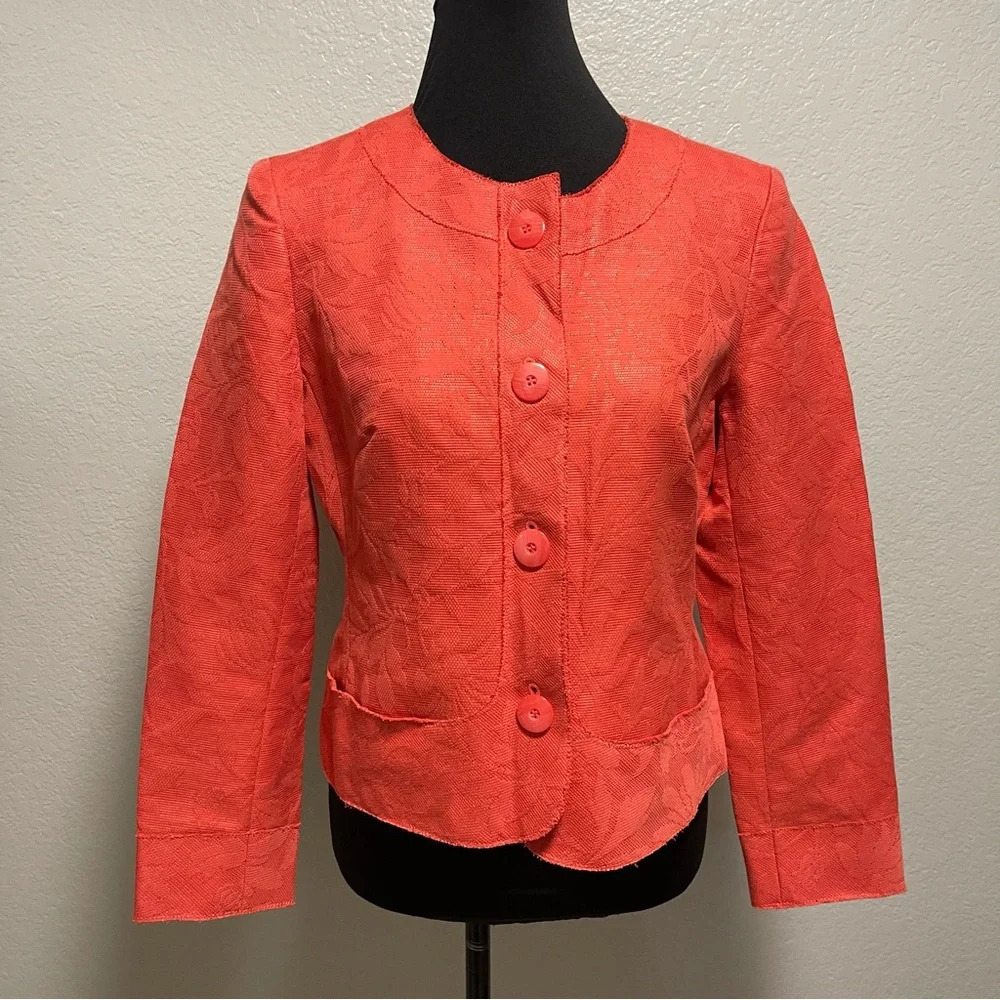 Talbots Button Down Jacket Blazer Brocade Coral Size 10 with Floral Embroidery